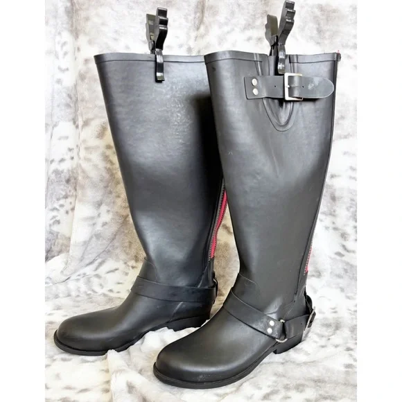 Steve Madden Tsunami Tall Rubber Black/Pink Detail Rain Boots Womens Size 8 - Picture 5 of 11